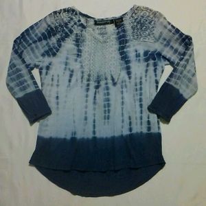 Bohemian Cafe Blue Tye-Dye Cotton Gauze & Lace Top BOHO S